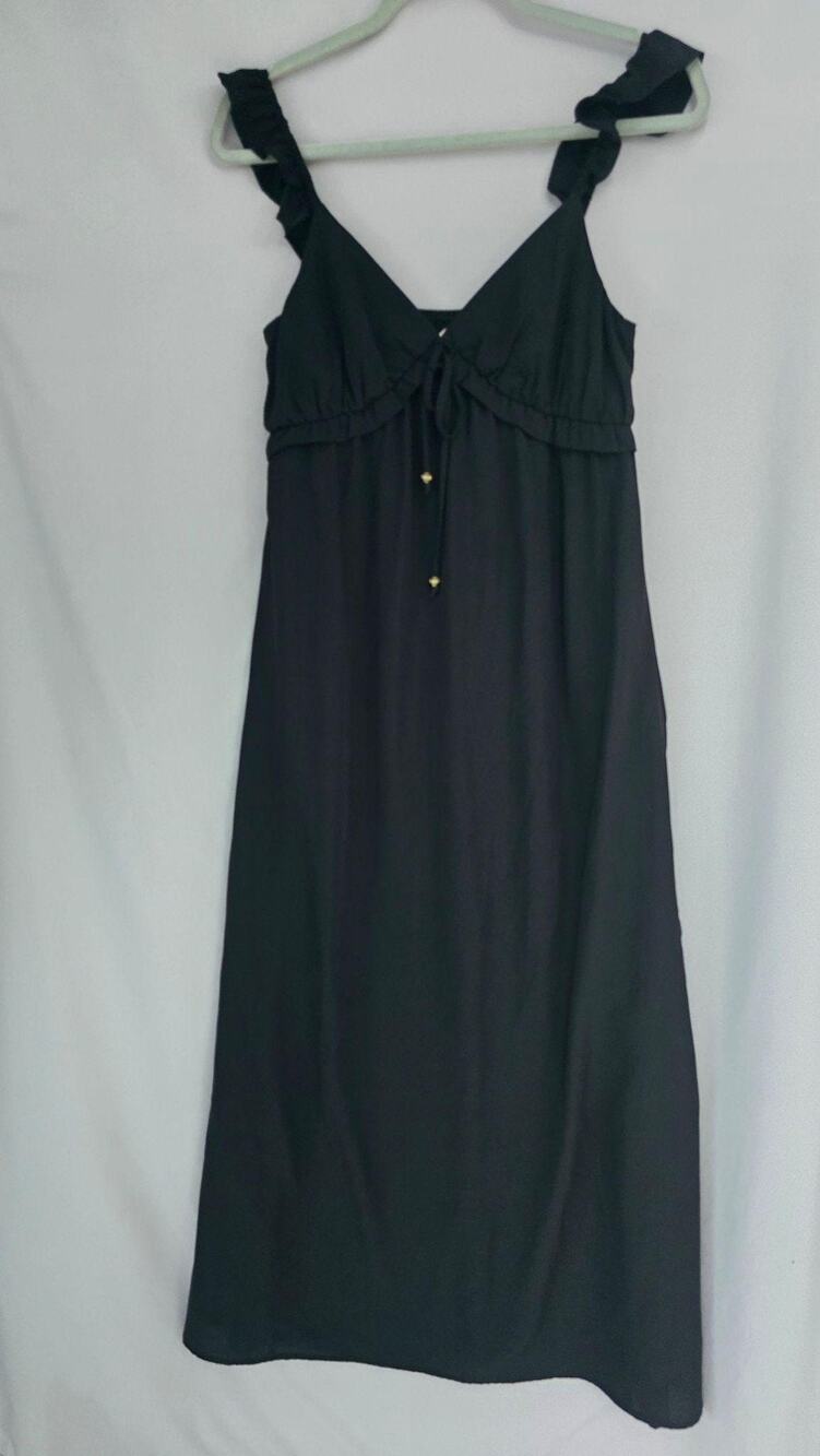 Kingston Grey Dress Womens Medium Black V Neck Ruffle Strap Midi Sundress Empire